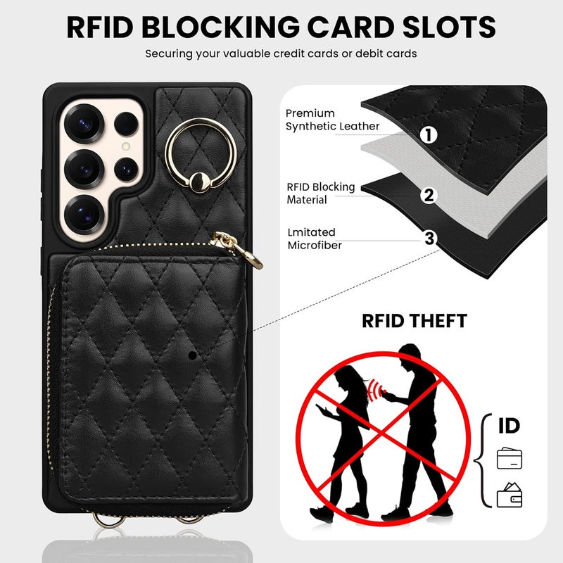 Keallce Case for Samsung Galaxy S25 Ultra 6.9'' Wallet Case,Crossbody Zipper Galaxy S25 Ultra Purse Wrist Strap Lanyard Handbag,RFID Blocking Card Slots,Flip Leather Cover for Samsung S25 Ultra,Black - Image 4